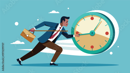 Time management and urgency: A businessman runs and pulls a large alarm clock, symbolizing the pressure of deadlines and the importance of managing time effectively