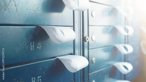 Close-up of Blue Metal Mailboxes with Protruding Utility Bills Paper | Concept of Monthly Payments and Living Costs | Household Bills in Post Boxes of Residential Building