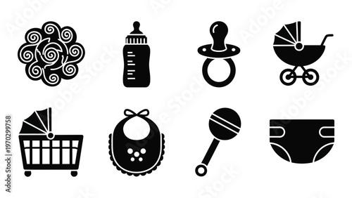 A collection of black silhouette icons depicts various baby essentials like bottles rattles and a stroller high quality professional detailed modern