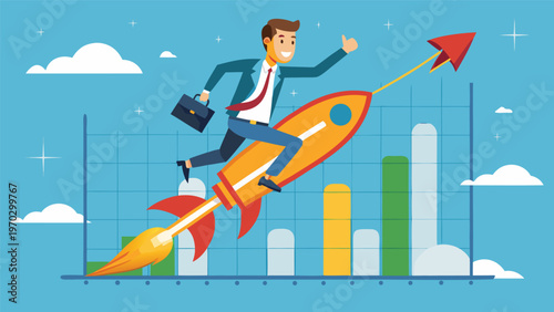 Business acceleration and success: A businessman rides a rocket ship ascending a graph, symbolizing rapid growth, achievement, and soaring business success