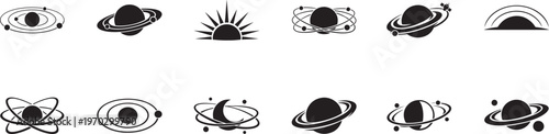 Set of space icons featuring planets, rockets, stars and galaxy elements for cosmic design use