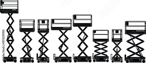 Industrial scissor lift platforms silhouettes set, construction equipment elevated work platforms mobile lifts vector illustration isolated on white background collection