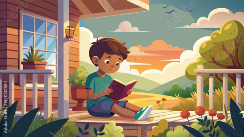 A young boy sits on a wooden porch, engrossed in reading a book, with a warm sunset painting the sky in the background