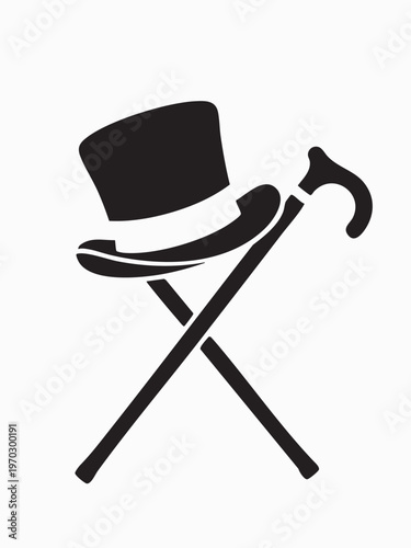 Top hat and walking cane icon, vintage gentleman accessories symbol, vector illustration