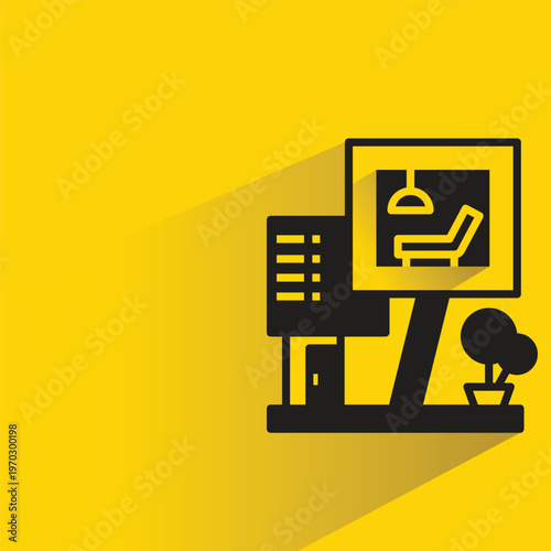 modern house building icon with shadow on yellow background