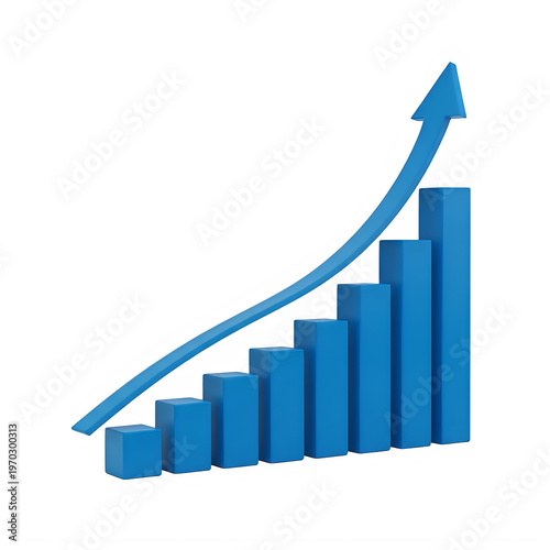 Blue 3D bar chart graph with rising arrow indicating growth trend transparent background