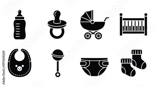 A collection of black silhouette icons depicting essential baby items including a bottle pacifier and stroller high quality professional detailed modern