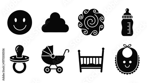 A collection of simple black silhouette icons depicting baby related items like a pacifier crib and smiling face high quality professional