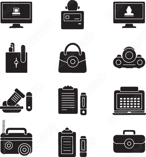 Office business equipment icons set for professional workplace design