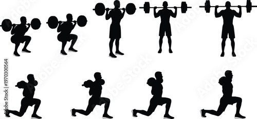 Weightlifting and lunge exercise silhouettes set, barbell squat training fitness workout strength bodybuilding athlete poses vector illustration collection design