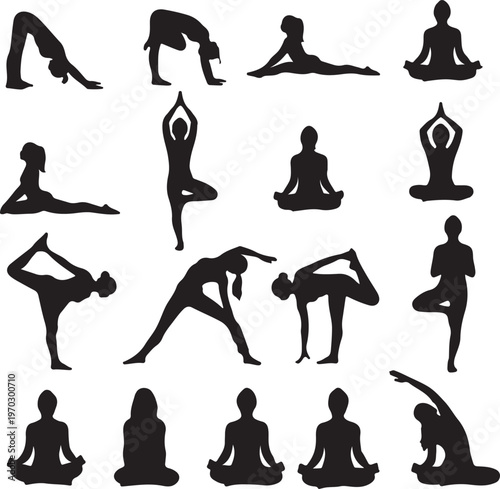 Yoga poses black silhouettes set isolated on transparent background