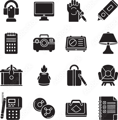 Collection of black silhouette everyday items isolated on transparent background
