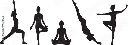 Collection of five female silhouettes performing various yoga poses