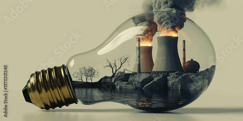 energy saving light bulb glowing on black background with smoke and industrial pollution concept