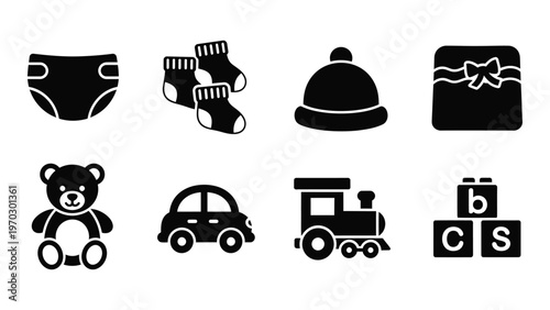 A collection of simplistic black silhouette icons depicts baby essentials and childhood items including toys and clothing high quality professional detailed