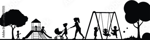 Black silhouette of children and mother with stroller playing at an outdoor park playground with swings and slide isolated on white for family concept.