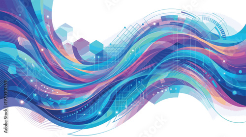 Vibrant digital flow background with abstract wave patterns, modern geometric shapes, and interconnected data points symbolizing technology, innovation, and network communication