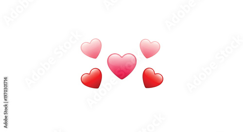 Five glossy heart icons in pink and red colors, softly floating in the center, minimal romantic background, smooth shadows, cute emoji style, elegant pastel theme