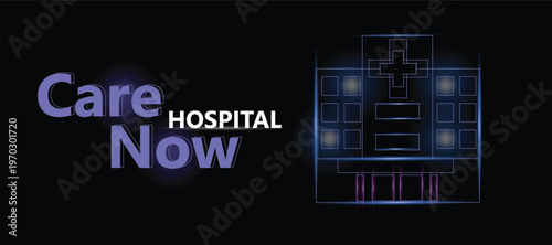 Care now, cover design on a black background, emergency hospital treatment, and vector illustration