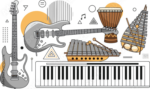 Musical Instruments Collection Vector Illustration with Guitar, Piano, Drum, Xylophone, and Musical Notes for Art, Music, and Sound Designs