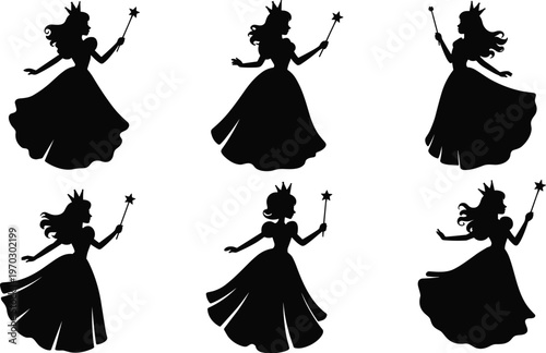 Принти на полотні Collection of six black silhouettes of magical princess and fairy characters wearing crowns and ball gowns holding magic wands isolated on white background for fantasy