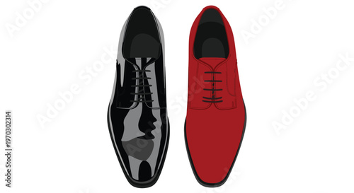 A shiny black patent leather oxford shoe and a matte red dress shoe are positioned side-by-side, viewed from directly above on a white surface.