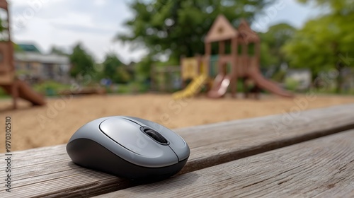 A modern wireless computer mouse rests on a wooden picnic table with a blurred playground visible in the background