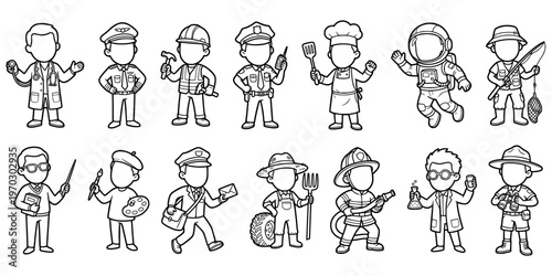 Kids professions coloring page faceless outline illustration set