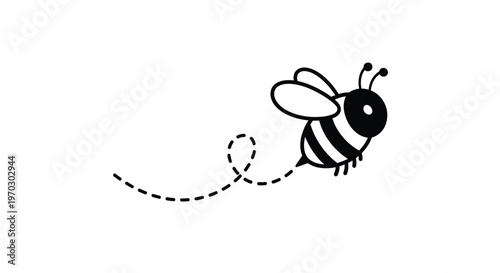 A charming black and white illustration of a flying bee silhouette