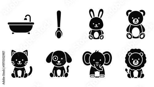 A collection of simple black silhouette icons depicting baby items animals and a bathtub presented on a white background high quality