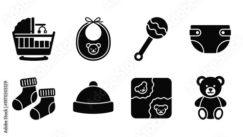 A collection of black silhouette icons depicts essential baby items including a crib bib rattle and teddy bear high quality professional