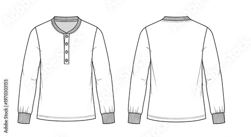 Long Sleeve Henley Shirt Flat Fashion Sketch Front and Back Isolated on White for Apparel Design