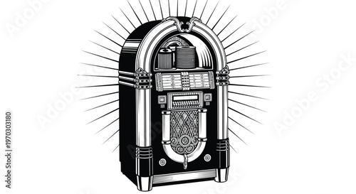 Vintage jukebox illustration with radiant lines a striking black silhouette