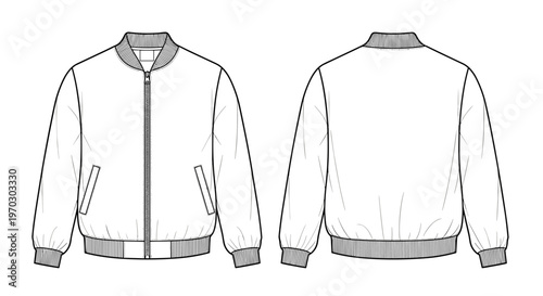 Bomber Jacket Technical Flat Design Front and Back Views Isolated on White for Fashion Apparel Design Templates