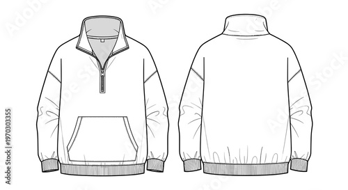Half Zip Pullover Sweatshirt Fashion Flat Sketch Isolated on White for Apparel Design Concepts