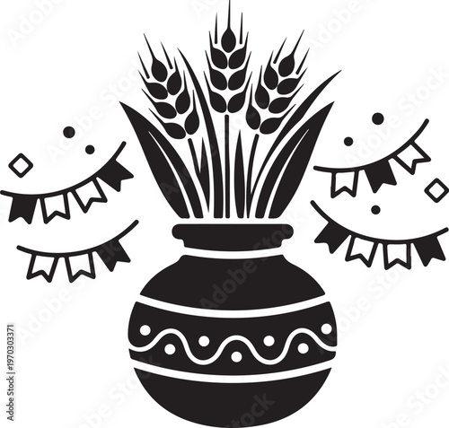 Traditional mangal ghat illustration with wheat stalks and festive bunting