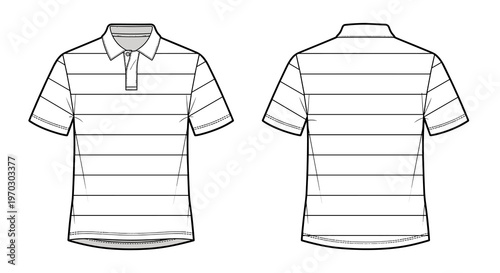 Striped Polo Shirt Flat Sketch Front and Back View for Fashion Design Templates