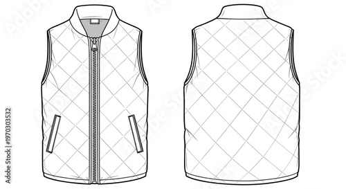Quilted Puffer Vest Front and Back View For Fashion Design Templates