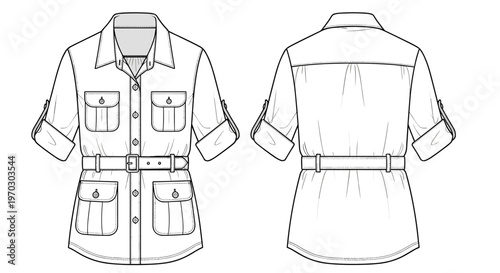 Safari Jacket Fashion Design Flat Sketch Front and Back View With Belt and Pockets for Apparel Industry Concepts