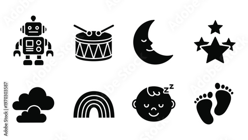 A collection of black silhouette icons depicts a robot drum moon stars cloud rainbow baby and footprints high quality professional detailed