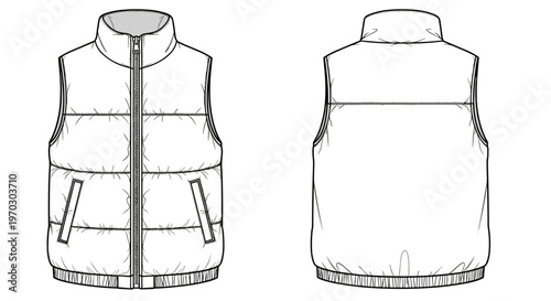 Puffer Vest Front and Back Vector Flat Sketch for Fashion Design and Apparel