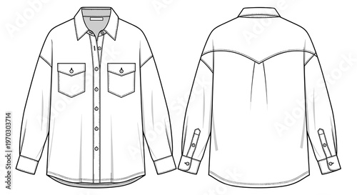 White Long Sleeve Denim Shirt Front and Back View Technical Drawing for Fashion Design