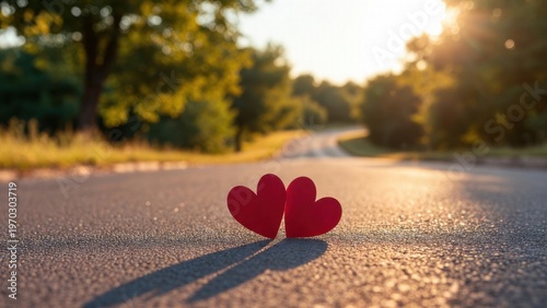 Red paper hearts standing together on sunlit country road