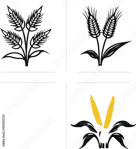 Editable agriculture vector icons, black outline with separate layers, color-ready design, rice, wheat, corn, white background 2