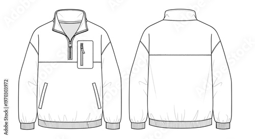 Unisex Pullover Jacket Fashion Flat Sketch For Apparel Design and Clothing Mockups
