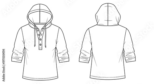Henley Hoodie Fashion Flat Sketch Front and Back For Apparel Design