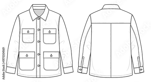 Front and Back a Mens Utility Shirt Technical Drawing for Fashion Design and Apparel Industry