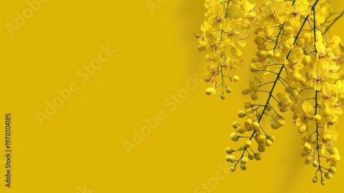 Flat Lay Konna Flowers on Yellow Background Vishu Festival Design with copy space