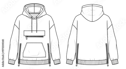 White Oversized Hoodie Flat Sketch With Zipper Details For Fashion Design Templates