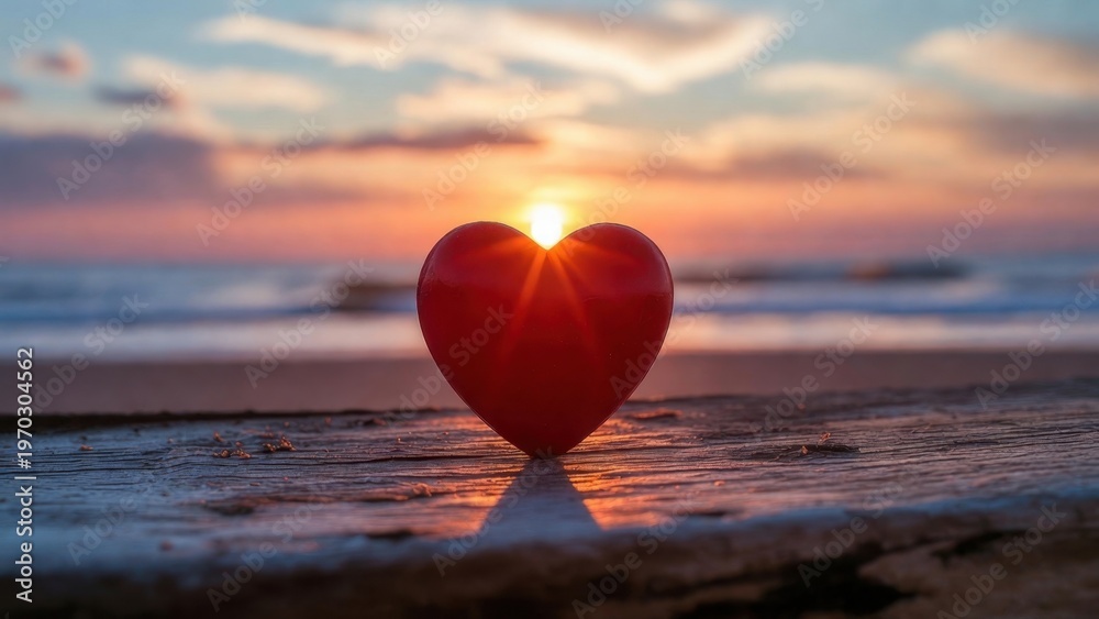 Fototapeta premium Glass heart silhouetted against sunset on beach boardwalk